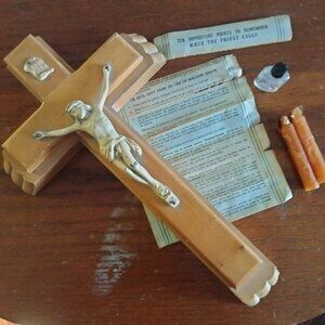 Antique Wooden Wall Crucifix With Hidden Compartment Candles Holy Water Bottle